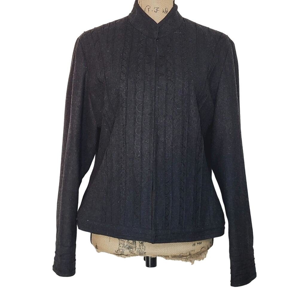 Chico's Recycled Wool Embroidered Pleated High Neck Charcoal Gray Blazer Size L